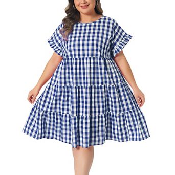 Plus Size Dresses for Women Plaid Round Neck Ruffle Sleeve Tiered Babydoll Midi Dress with Pocket