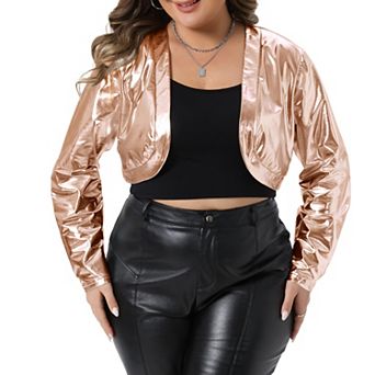 Plus Size Women's Metallic Shrug Long Sleeve Open Front Sparkly Party Cropped Bolero Jackets