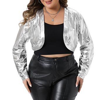Plus Size Women's Metallic Shrug Long Sleeve Open Front Sparkly Party Cropped Bolero Jackets