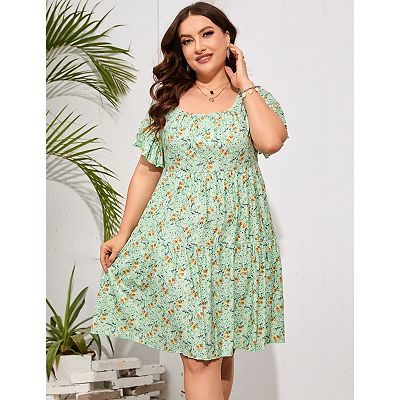 Plus Size Dress Women Square Neck Ruffle Sleeve Summer Dress Plus Size  Dress Clothing
