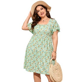 Plus Size Dress Women Square Neck Ruffle Sleeve Summer Dress Plus Size Dress Clothing