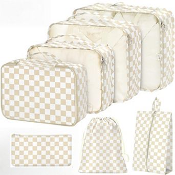 7 pc Travel Packing Cube Set with Checkered Pattern and Multi-Size Organizers 16x12.5x3.5in