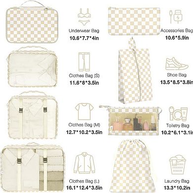 7-Piece Travel Packing Cube Set with Checkered Pattern and Multi-Size Organizers 16x12.5x3.5in