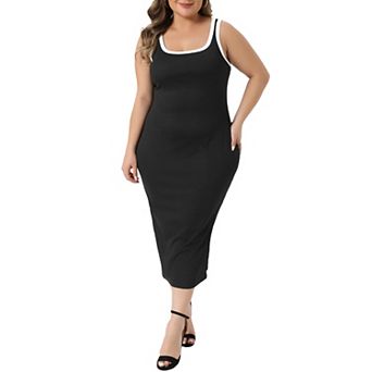 Plus Size Dress for Women Square Neck Sleeveless Contrast Summer Bodycon Side Slit Knit Tank Dresses