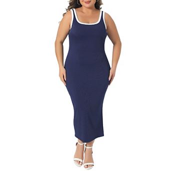 Plus Size Dress for Women Square Neck Sleeveless Contrast Summer Bodycon Side Slit Knit Tank Dresses