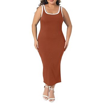 Plus Size Dress for Women Square Neck Sleeveless Contrast Summer Bodycon Side Slit Knit Tank Dresses