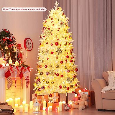Gymax 7 FT Artificial Xmas Tree w/ 1880 PE PVC Branch Tips 900 Warm White LED Lights