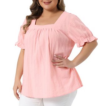 Women's Plus Size Summer Top Casual Square Neck Ruffle Sleeve Pleated Front Hollow Tops Blouse