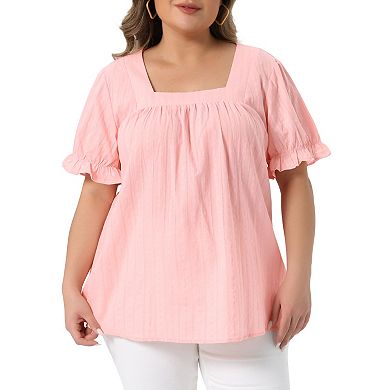 Women's Plus Size Summer Top Casual Square Neck Ruffle Sleeve Pleated Front Hollow Tops Blouse