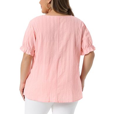 Women's Plus Size Summer Top Casual Square Neck Ruffle Sleeve Pleated Front Hollow Tops Blouse