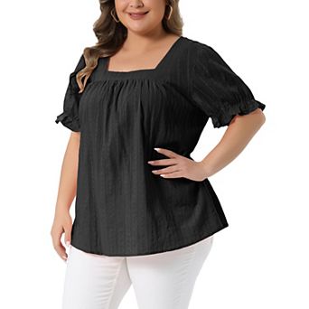 Women's Plus Size Summer Top Casual Square Neck Ruffle Sleeve Pleated Front Hollow Tops Blouse