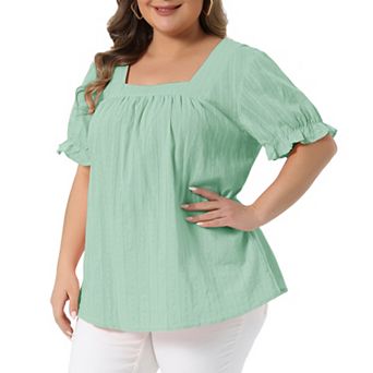 Women's Plus Size Summer Top Casual Square Neck Ruffle Sleeve Pleated Front Hollow Tops Blouse