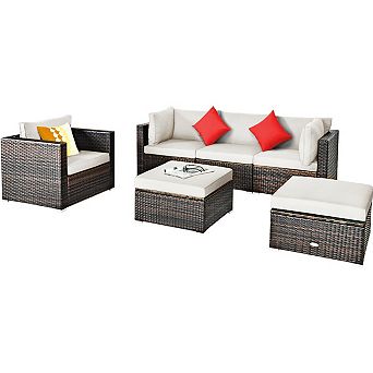 6 pc Patio Rattan Furniture Set with Sectional Cushion and Ottomans