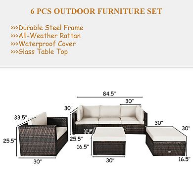 6 Pieces Patio Rattan Furniture Set with Sectional Cushion and Ottomans