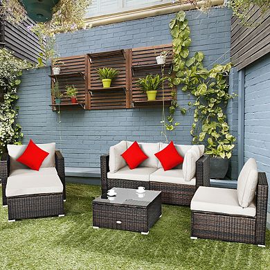 6 Pieces Patio Rattan Furniture Set with Sectional Cushion and Ottomans
