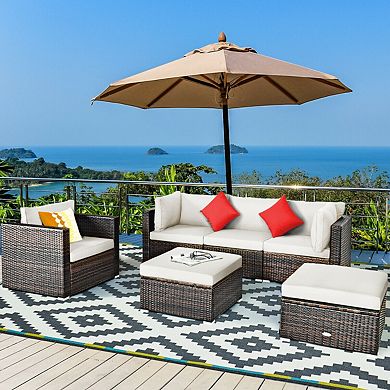 6 Pieces Patio Rattan Furniture Set with Sectional Cushion and Ottomans