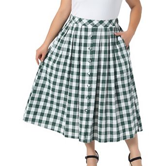 Women's Plus Size Plaid Skirt Midi Flare High Waisted Elastic Checkered Skirts Flowy with Pockets