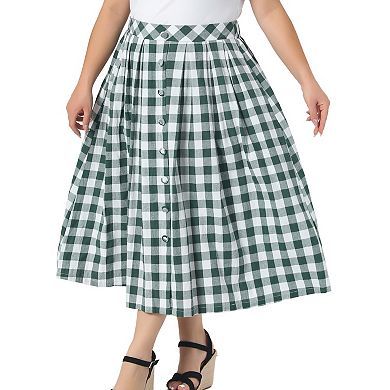 Women's Plus Size Plaid Skirt Midi Flare High Waisted Elastic Checkered Skirts Flowy with Pockets