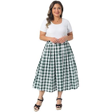 Women's Plus Size Plaid Skirt Midi Flare High Waisted Elastic Checkered Skirts Flowy with Pockets
