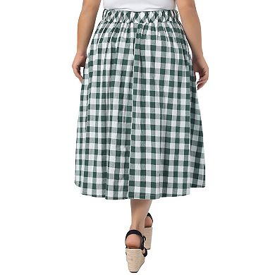 Women's Plus Size Plaid Skirt Midi Flare High Waisted Elastic Checkered Skirts Flowy with Pockets