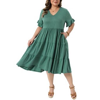 Women's Plus Size Babydoll Dresses V Neck Ruffle Sleeve Swing Tiered Dress with Pockets