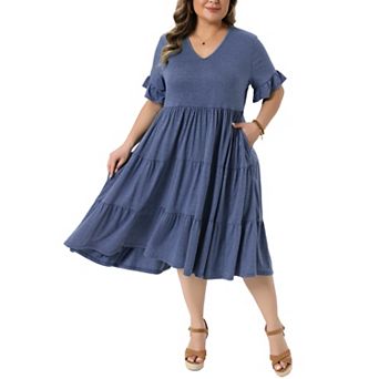 Women's Plus Size Babydoll Dresses V Neck Ruffle Sleeve Swing Tiered Dress with Pockets