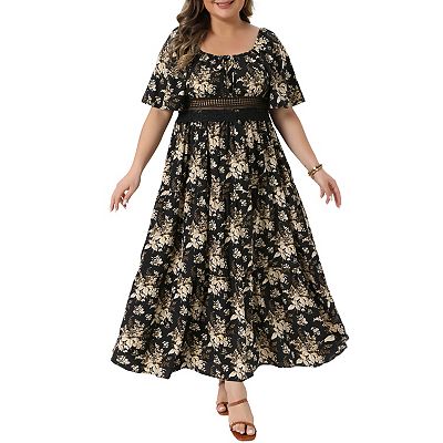 womens plus size summer dresses Casual Floral Print Colorblock Short Sleeve With Pockets Maxi Dress This plus size notch neck dress features a unique cutout neckline and perfect 3/4 sleeve length Plus Size Women's Dresses |