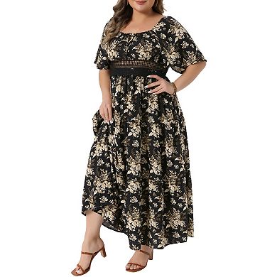 Plus Size Maxi Dress for Curvy Women Square Neck Smocked Back Ruffle Sleeve Summer Floral Dresses