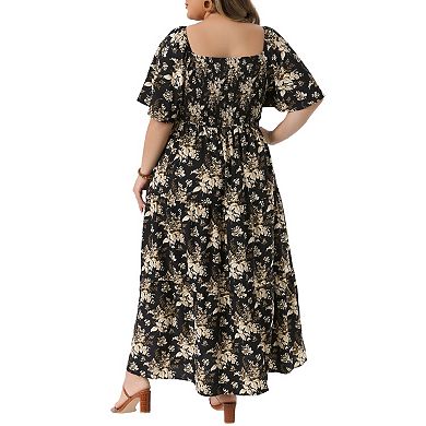 Plus Size Maxi Dress for Curvy Women Square Neck Smocked Back Ruffle Sleeve Summer Floral Dresses