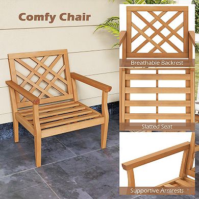 Teak Wood Slatted Patio Chair Armchair with Cozy Backrest and Armrests