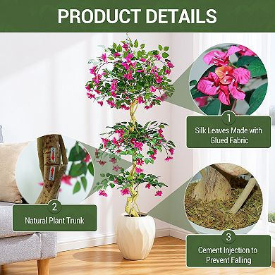 6ft Artificial Bougainvillea Tree, Large Realistic Faux Tree in Pot, with Flowers and Leaves, Decor