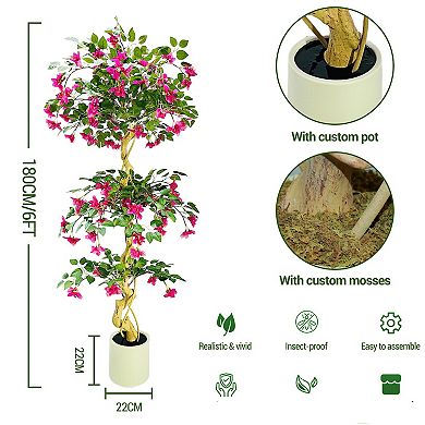 6ft Artificial Bougainvillea Tree, Large Realistic Faux Tree in Pot, with Flowers and Leaves, Decor