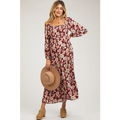 fitted lace wedding dress Mocha Floral Smocked Long Sleeve Maternity Maxi Dress Large main image 1