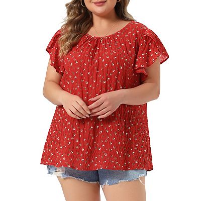 Plus Size Summer Tops for Women Floral Crew Neck Pleated Front