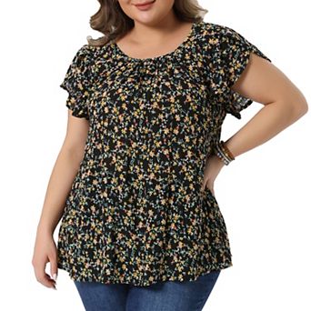 Plus Size Summer Tops for Women Floral Crew Neck Pleated Front Tulip Sleeve Dressy Blouse