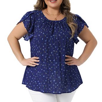 Plus Size Summer Tops for Women Floral Crew Neck Pleated Front Tulip Sleeve Dressy Blouse