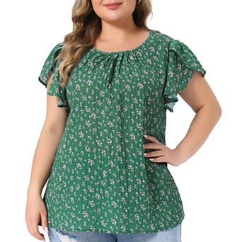 Plus Size Summer Tops for Women Floral Crew Neck Pleated Front Tulip Sleeve Dressy Blouse