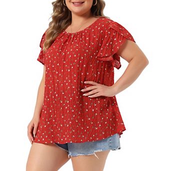 Plus Size Summer Tops for Women Floral Crew Neck Pleated Front Tulip Sleeve Dressy Blouse