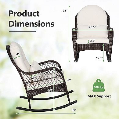 Patio Rattan Rocking Chair with Seat Back Cushions and Waist Pillow-White