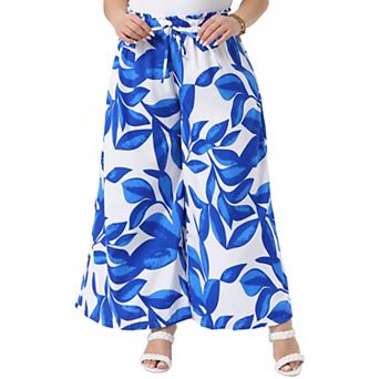 Plus Size Women's Elastic High Waisted Floral Palazzo Pants Casual Wide Leg Long Lounge Pant
