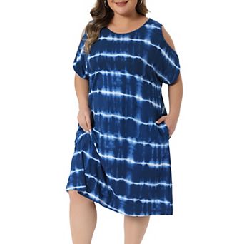 Plus Size Tie Dye Dress for Women Crew Neck Off Shoulder Loose t Shirt Dresses with Pockets