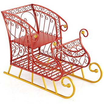 Gymax Metal Christmas Santa Sleigh Basket Festive Decorative Sleigh Cart Holiday Red & Gold