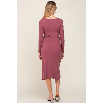 Maternity Rib Knit Long Sleeve Wrap Midi Dress