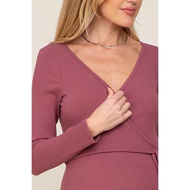 Maternity Rib Knit Long Sleeve Wrap Midi Dress
