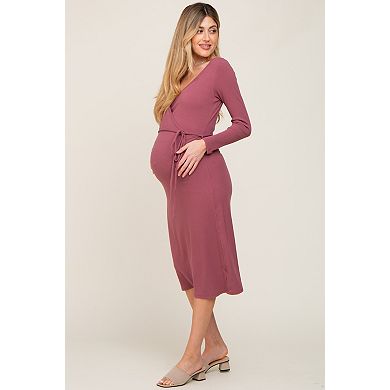 Maternity Rib Knit Long Sleeve Wrap Midi Dress