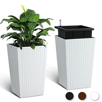 15.6 Inch Tall Planter Set of 2 Large Rattan Flower Pot w/2 Trays & a Water Level Monitor & Wheels