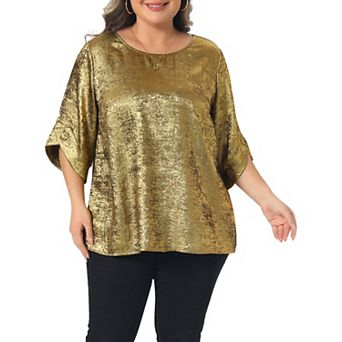 Women's Plus Size Metallic Tops Sparkly Crew Neck Casual Loose Shirts 3/4 Sleeve Patry Tunic