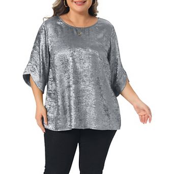 Women's Plus Size Metallic Tops Sparkly Crew Neck Casual Loose Shirts 3/4 Sleeve Patry Tunic