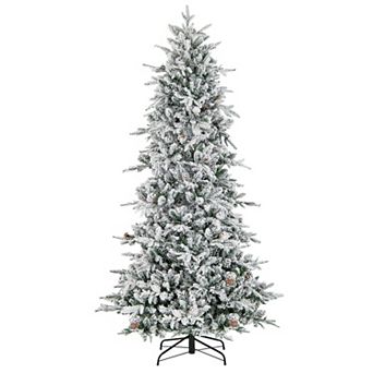 Gymax 7.5 FT Pre-Lit Artificial Christmas Tree Snow-Flocked Hinged Xmas Tree w/ 1107 Branch Tips