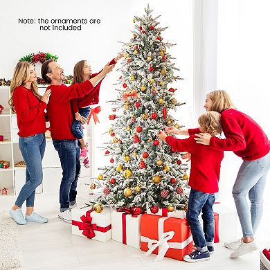 Gymax 7.5 FT Pre-Lit Artificial Christmas Tree Snow-Flocked Hinged Xmas Tree w/ 1107 Branch Tips